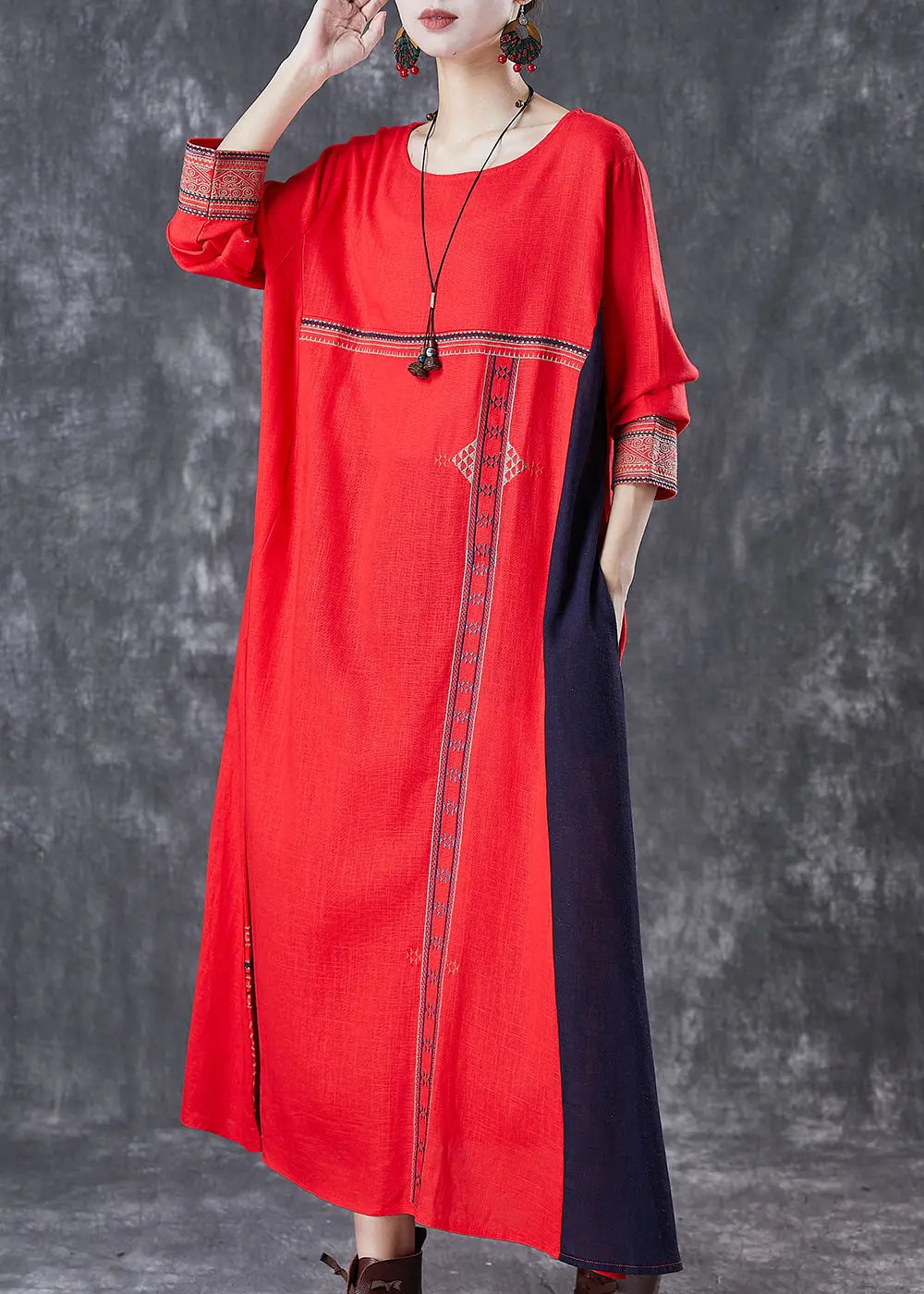 Red Patchwork Linen Maxi Dresses Embroidered Spring Ada Fashion