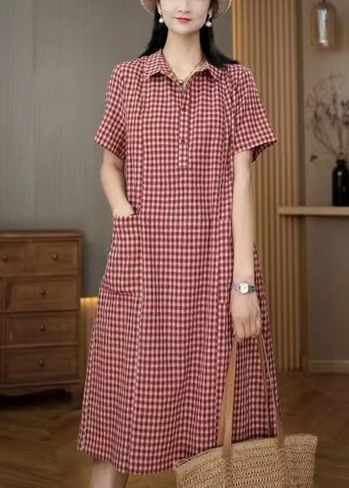 Chemise rouge d'été à carreaux en lin, robes à col Pan Peter