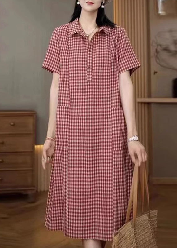 Red Shirt Summer Plaid Linen Dresses Collar Pan Peter