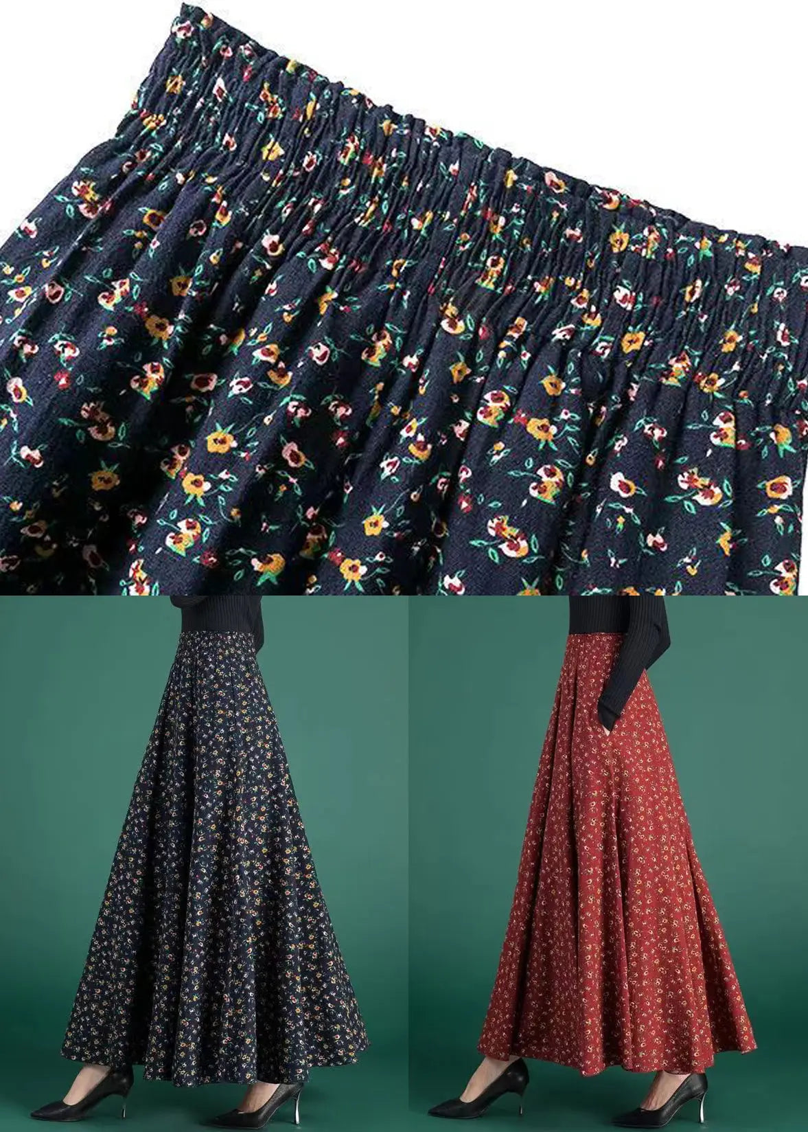 Red Pockets Patchwork Cotton Skirts High Waist Fall Ada Fashion