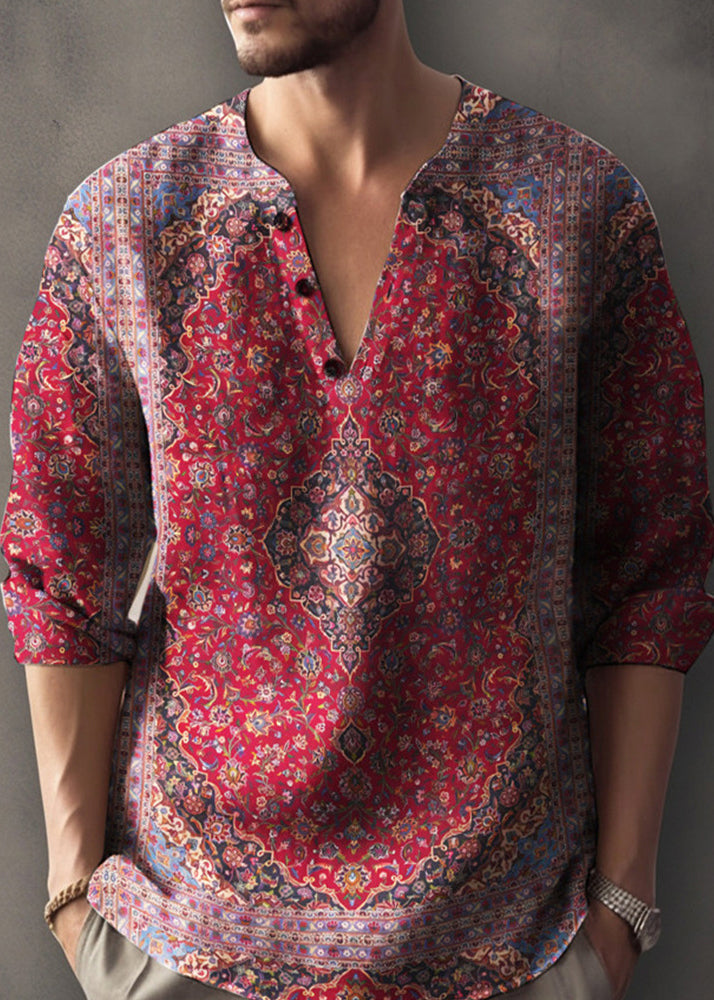 Print Mens V Shirts Button Cotton T Fall Neck Red