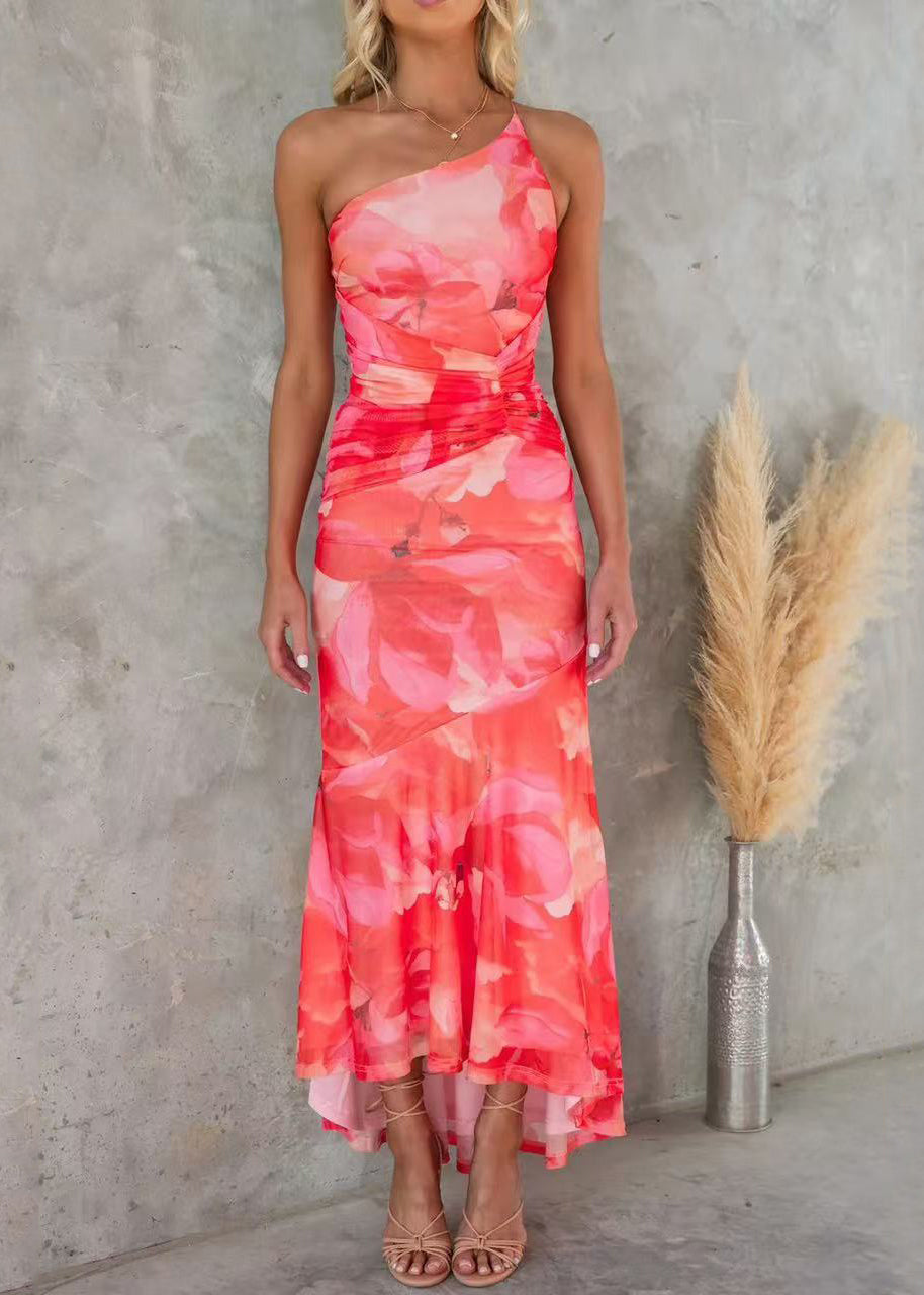Robe en coton imprimée sans manches à bretelles, rouge, épaules spaghetti, froide