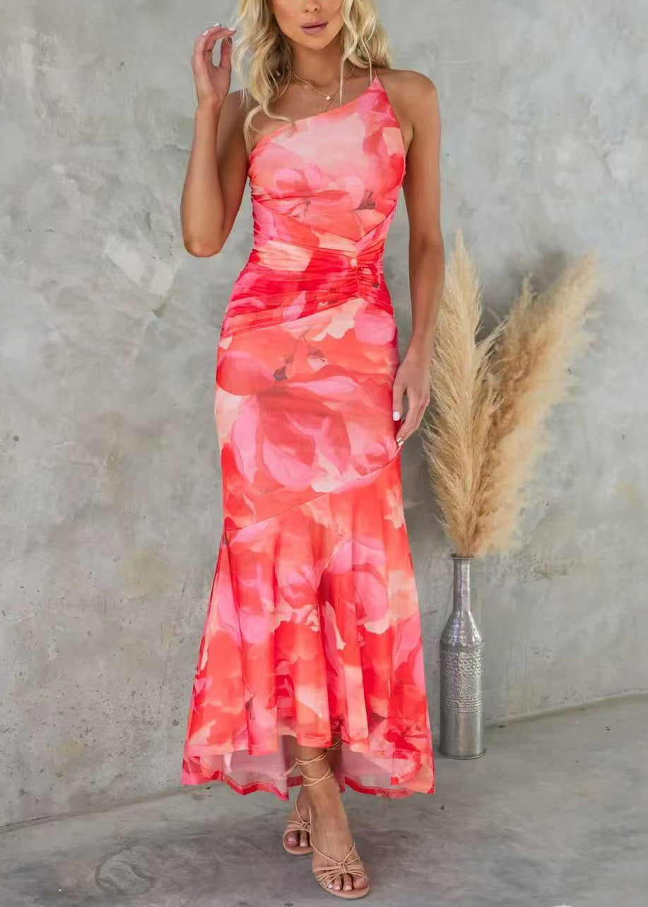 Robe en coton imprimée sans manches à bretelles, rouge, épaules spaghetti, froide