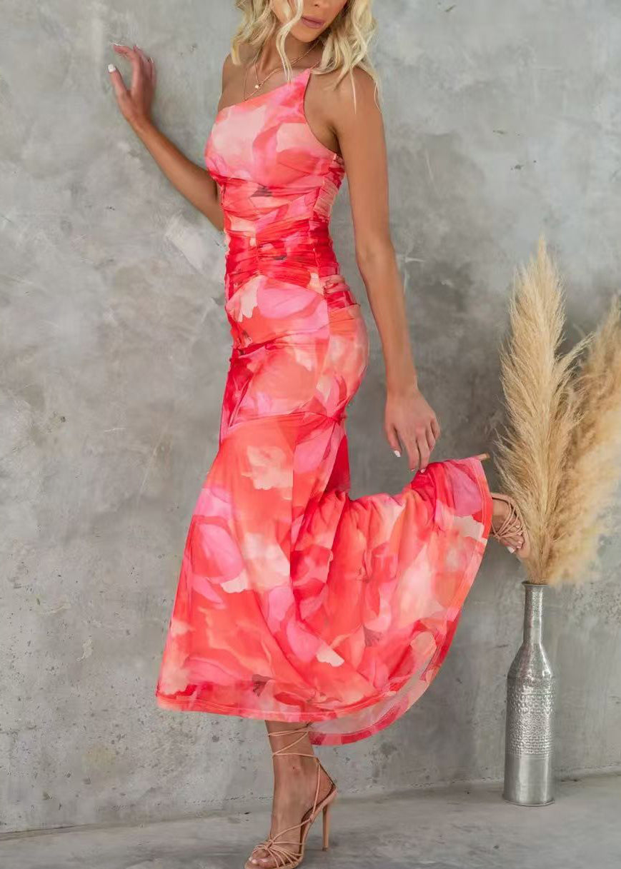 Robe en coton imprimée sans manches à bretelles, rouge, épaules spaghetti, froide
