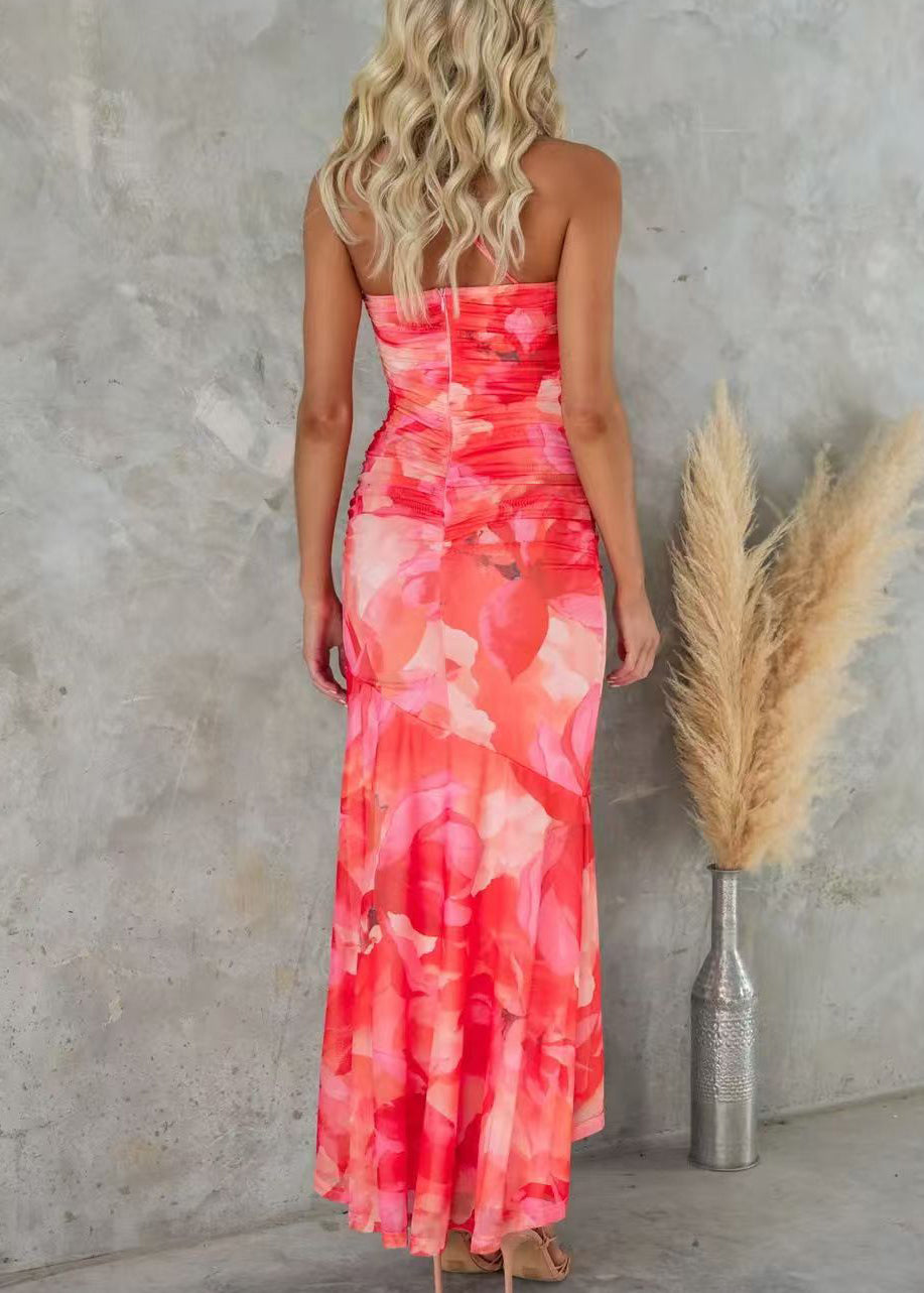 Robe en coton imprimée sans manches à bretelles, rouge, épaules spaghetti, froide