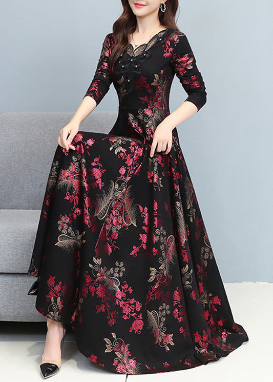 Red Print Draping Silk Holiday Dresses Exra Large Hem Spring OO030