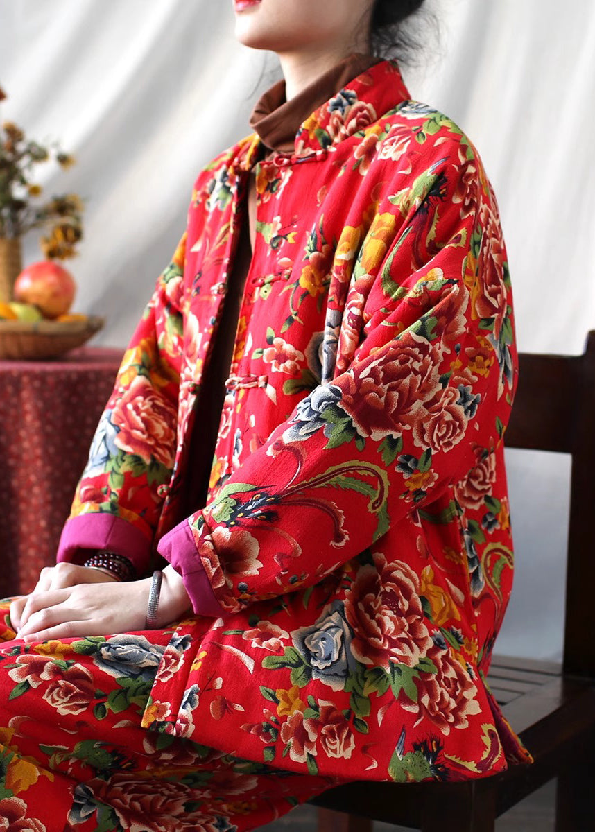 Vestes en coton fin à imprimé rouge, bouton chinois, printemps TI037