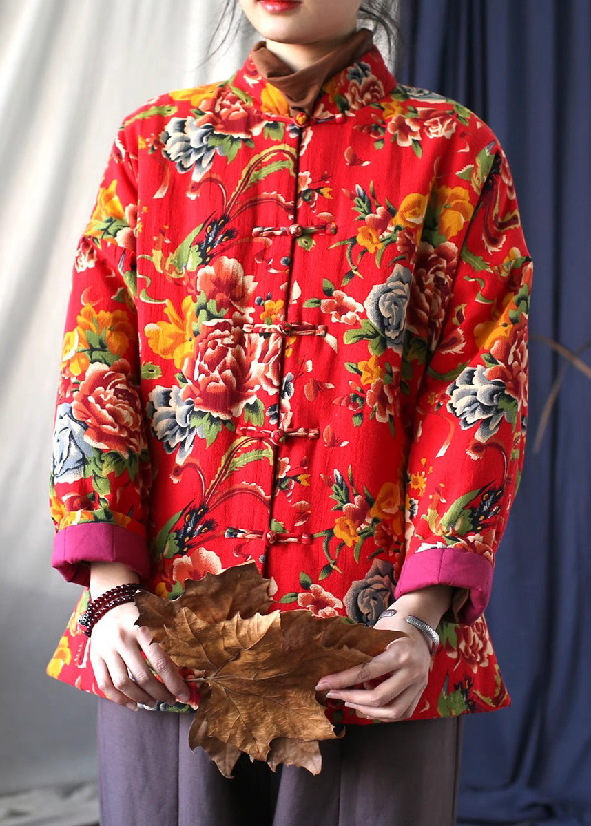 Vestes en coton fin à imprimé rouge, bouton chinois, printemps TI037