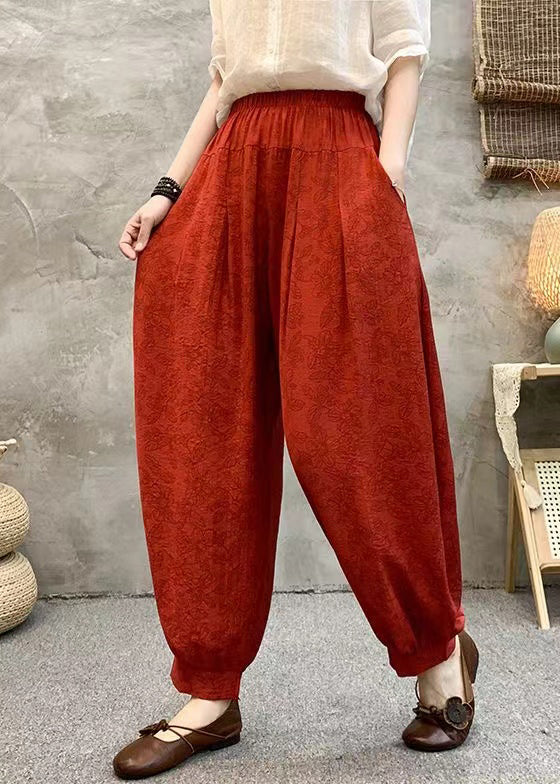 Rote Baumwoll-Crop-Hose mit Print und Taschen, hohe Taille, RE006