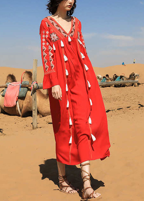 Robe longue patchwork en coton à col pompon et imprimé cachemire rouge