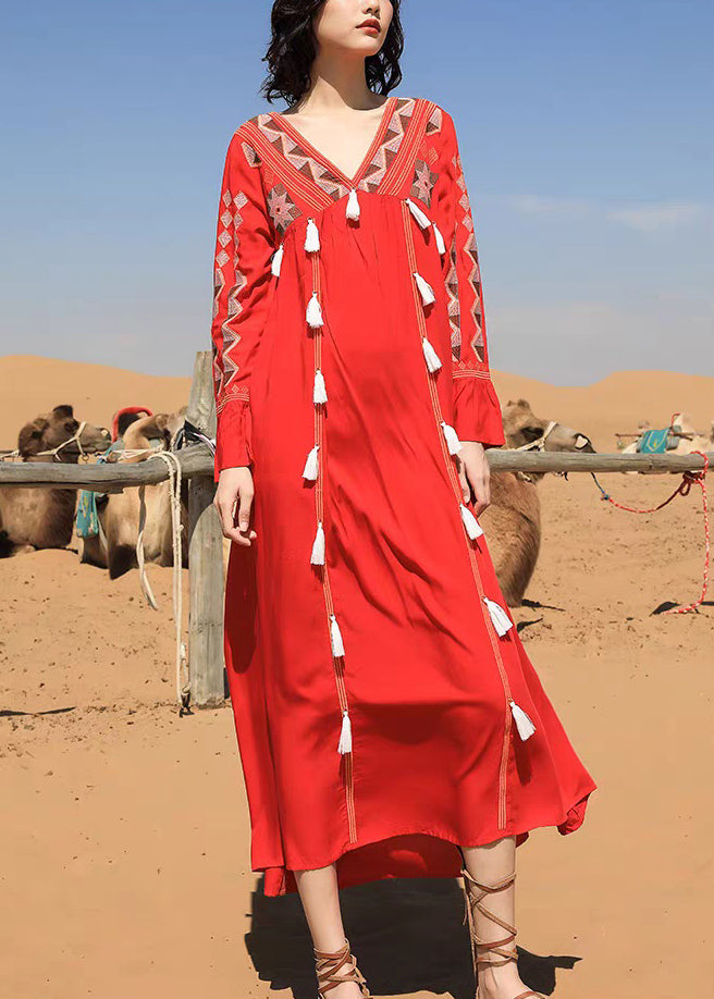 Robe longue patchwork en coton à col pompon et imprimé cachemire rouge