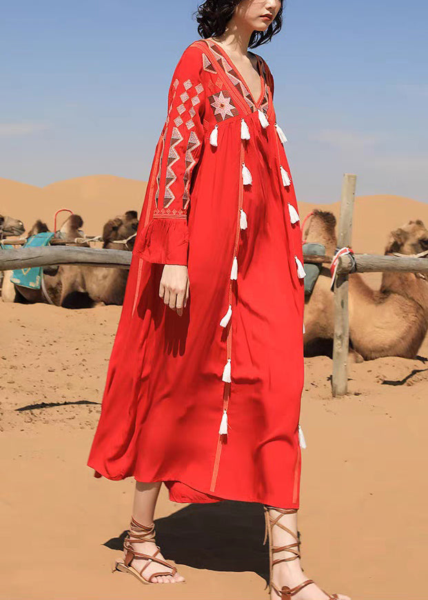 Robe longue patchwork en coton à col pompon et imprimé cachemire rouge
