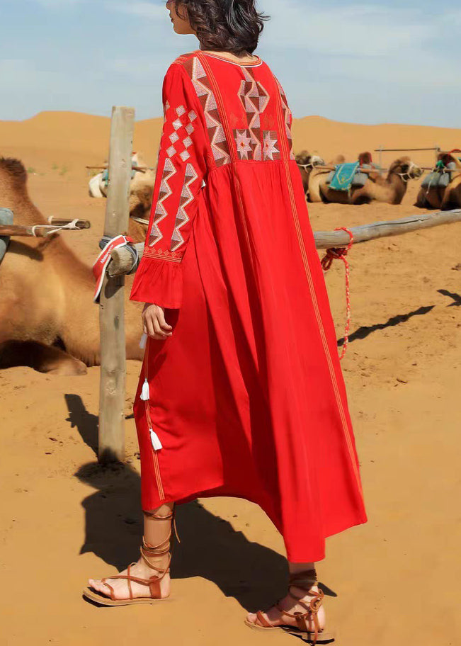 Robe longue patchwork en coton à col pompon et imprimé cachemire rouge