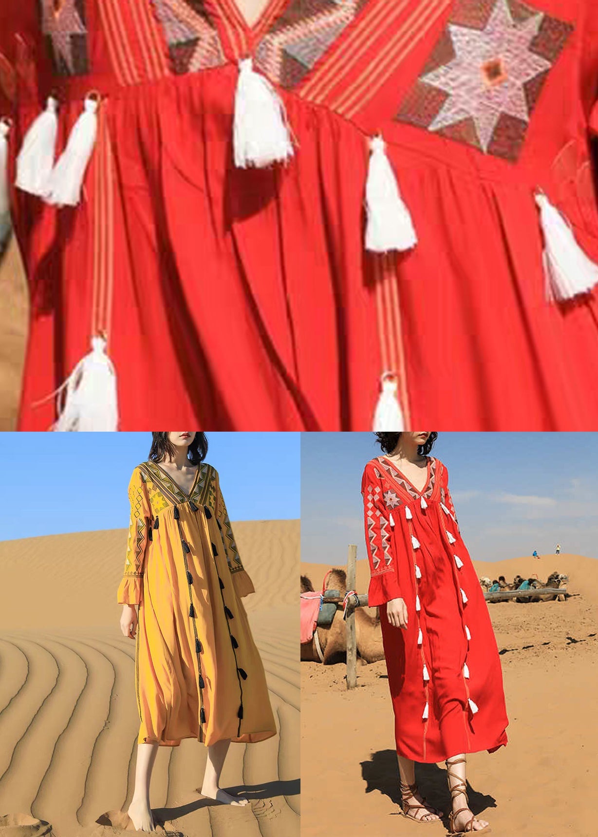 Robe longue patchwork en coton à col pompon et imprimé cachemire rouge