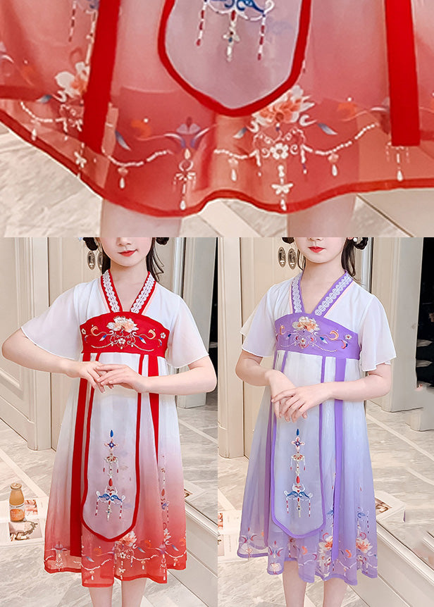 Red V Neck Lace Patchwork Tulle Kids Holiday Maxi Dress Short Sleeve GF015