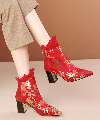 Red Zippered Cowhide Leather Embroidered Chunky Boots RT1080