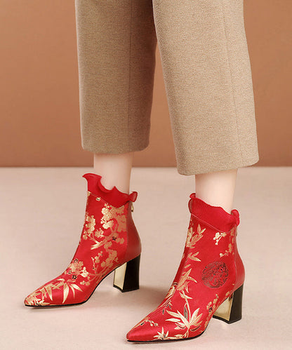 Red Zippered Cowhide Leather Embroidered Chunky Boots RT1080