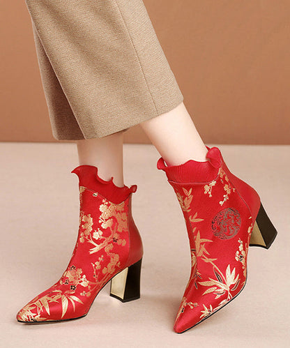 Red Zippered Cowhide Leather Embroidered Chunky Boots RT1080