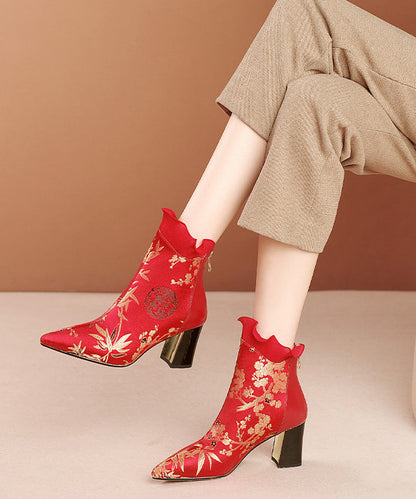 Red Zippered Cowhide Leather Embroidered Chunky Boots RT1080