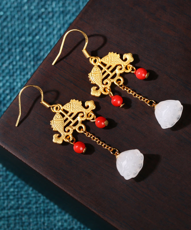 Regular Ancient Gold Inlaid Jade Gem Stone Lotus Flower Tassel Drop Earrings KX1078