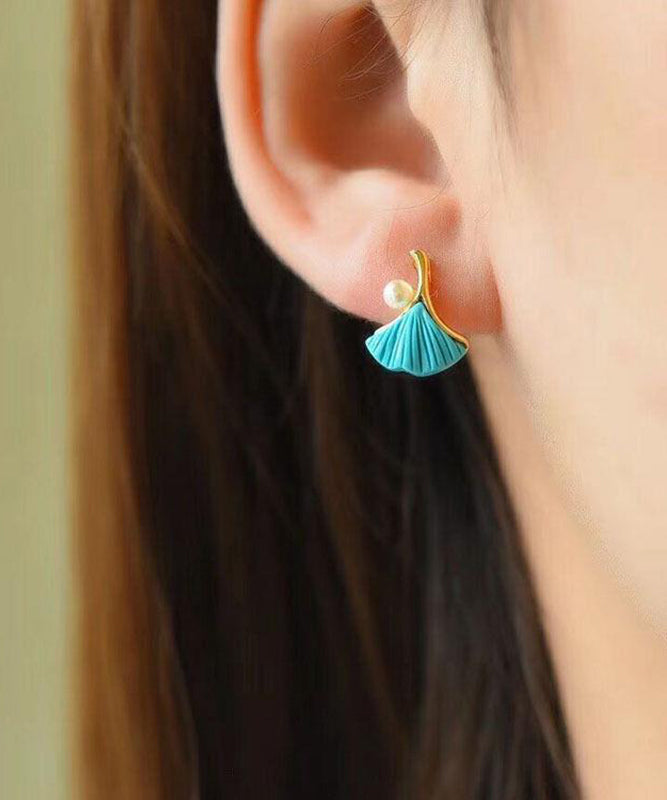 Regular Blue Sterling Silver Overgild Inlaid Pearl Turquoise Ginkgo Leaves Stud Earrings ET030