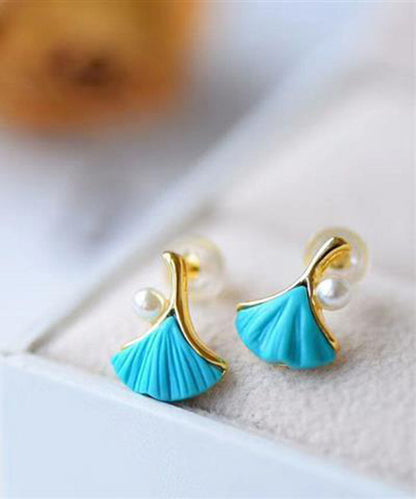 Regular Blue Sterling Silver Overgild Inlaid Pearl Turquoise Ginkgo Leaves Stud Earrings ET030