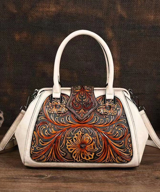 Retro Apricot Colored Cowhide Handmade Carved Handbag HJ1004