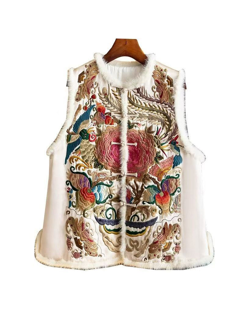 Retro Apricot Embroideried Patchwork Fine Cotton Filled Vest Sleeveless TQ014