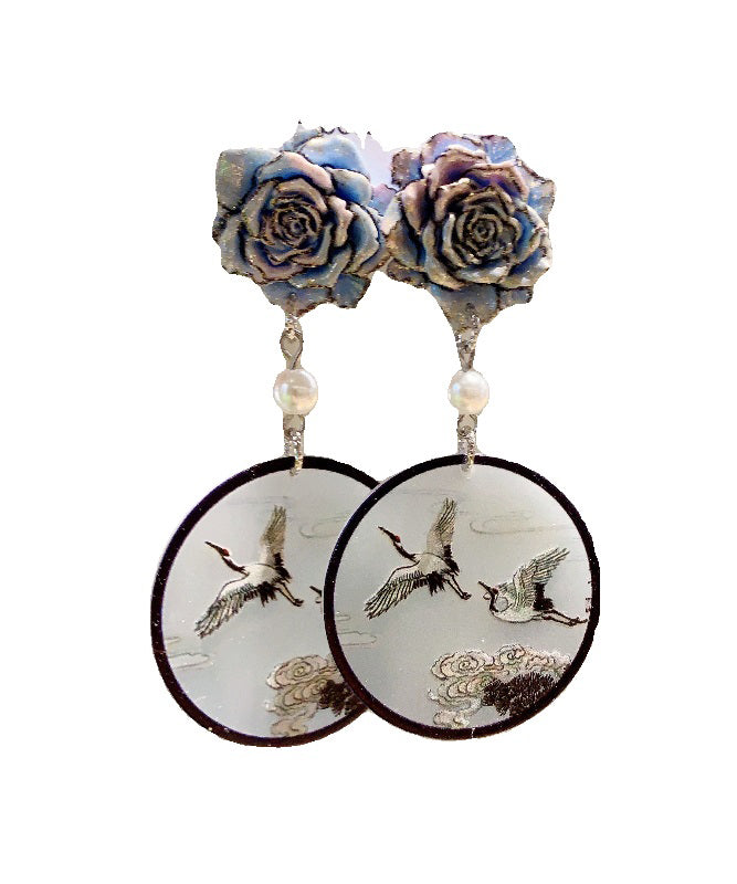 Boucles d'oreilles pendantes rétro en acrylique noir avec perles florales MM080