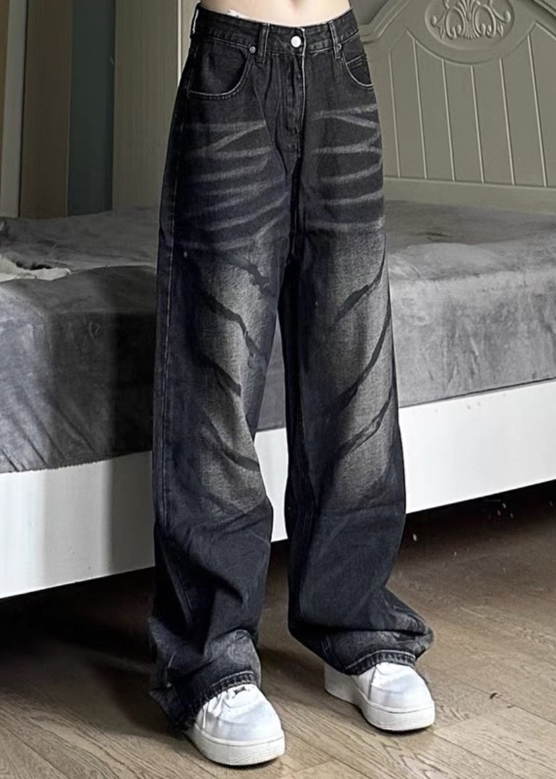 Retro Black High Wais Men Denim Wide Leg Pants SA064