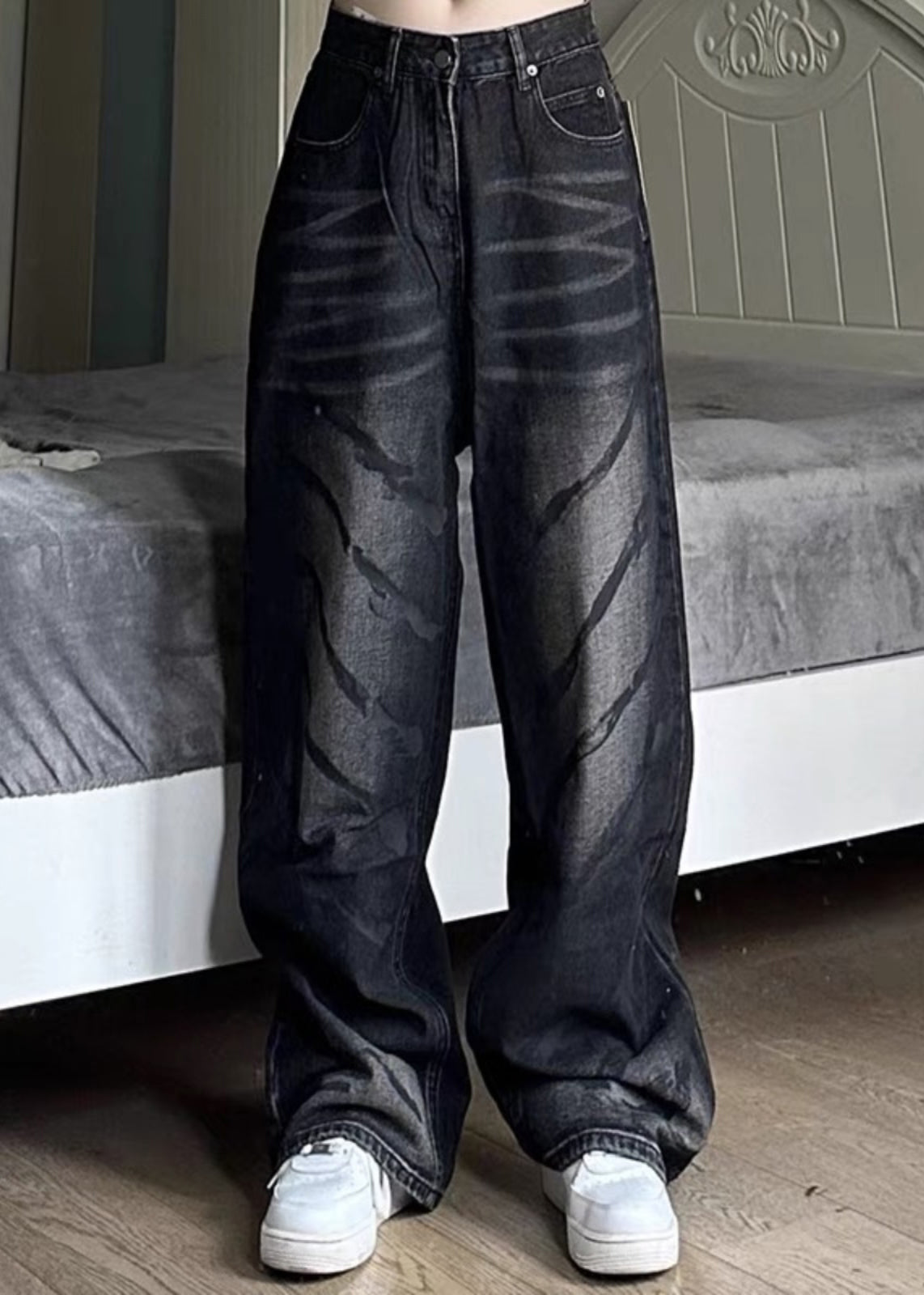 Retro Black High Wais Men Denim Wide Leg Pants SA064