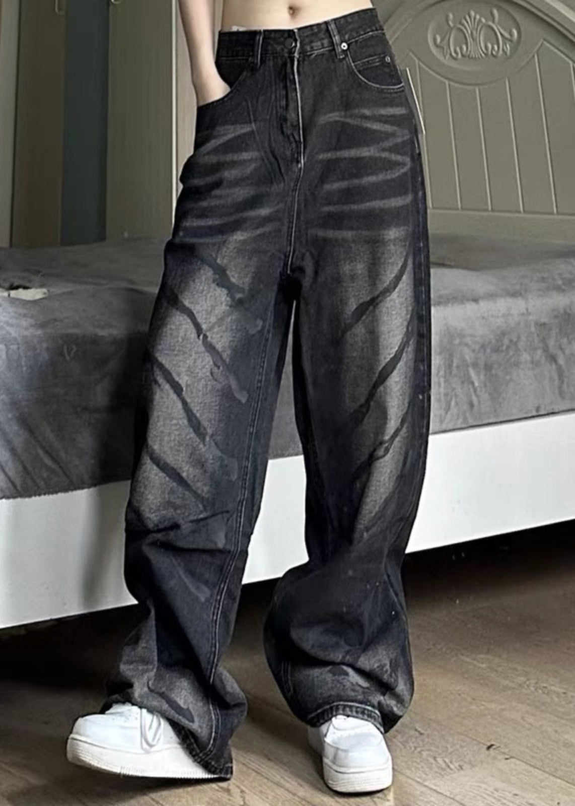 Retro Black High Wais Men Denim Wide Leg Pants SA064