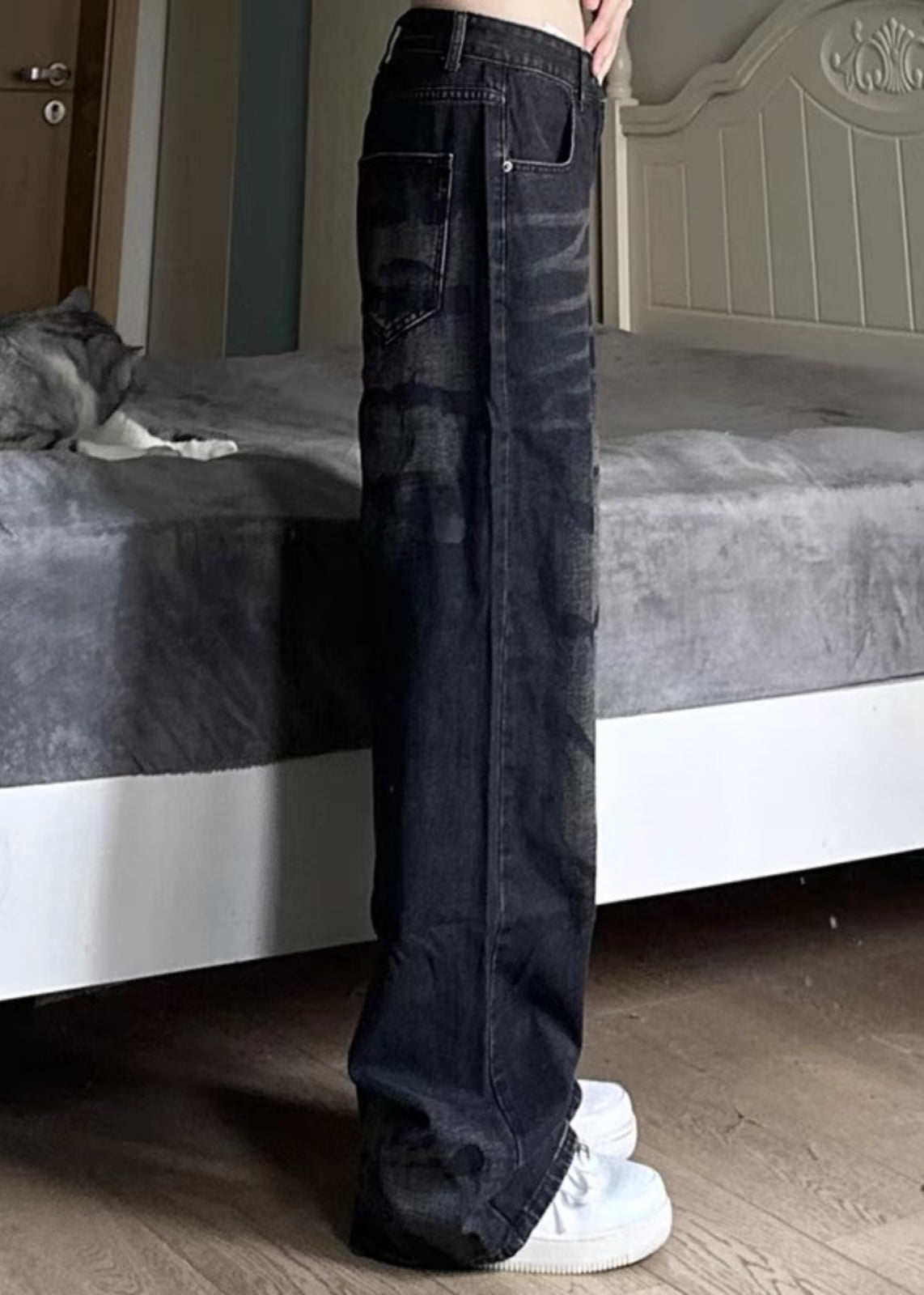 Retro Black High Wais Men Denim Wide Leg Pants SA064