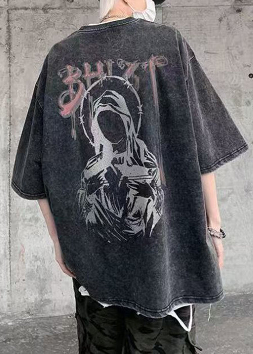 Retro Cotton Shirts Black O-Neck T Print Summer Mens