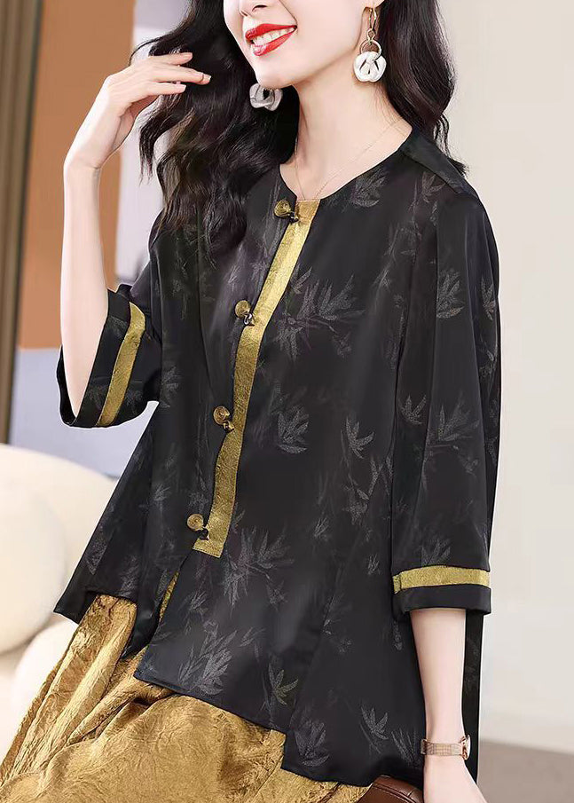 Retro Black O Neck Print Loose Silk Shirt Top Fall WP057