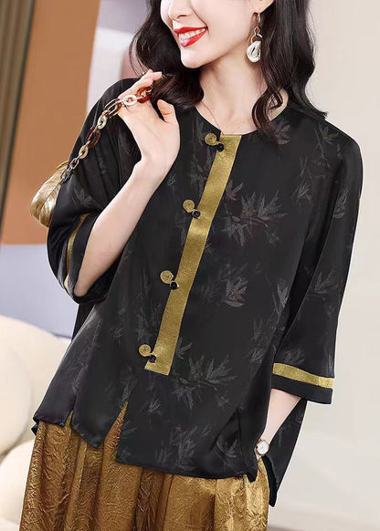 Retro Black O Neck Print Loose Silk Shirt Top Fall WP057