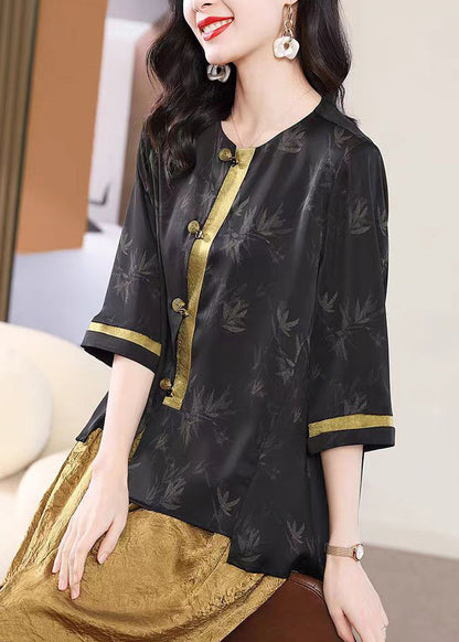 Retro Black O Neck Print Loose Silk Shirt Top Fall WP057