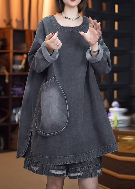 Hauts rétro en denim noir ouverts sur les côtés, patchwork d'automne