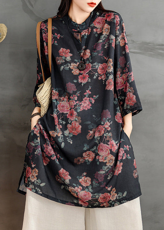 Chemises imprimées rétro en lin à ouverture latérale, robe à col noir
