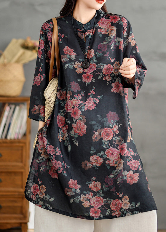 Collar Dress Stand Linen Retro Shirts Side Open Print Black