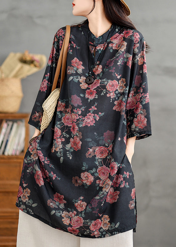Collar Dress Stand Linen Retro Shirts Side Open Print Black