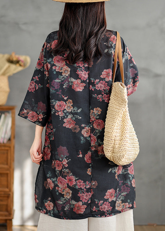 Collar Dress Stand Linen Retro Shirts Side Open Print Black
