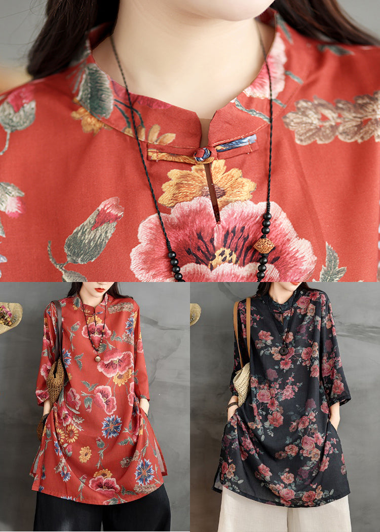 Collar Dress Stand Linen Retro Shirts Side Open Print Black