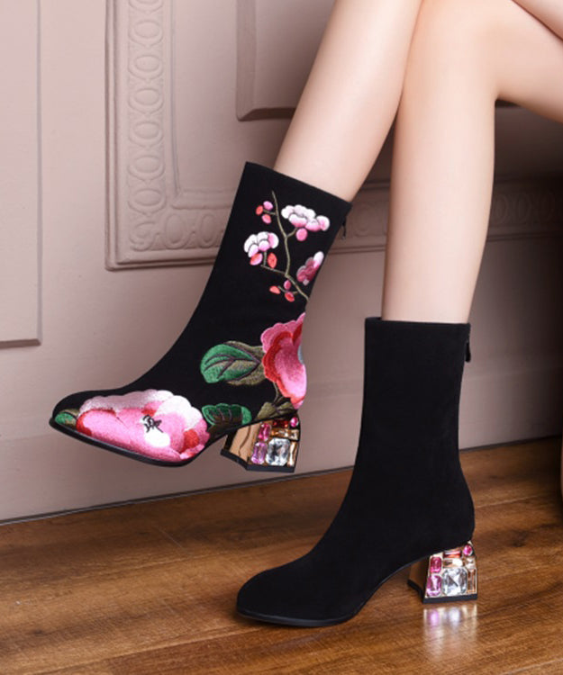 Retro Black Suede Chunky Boho Embroidery Boots CZ1022