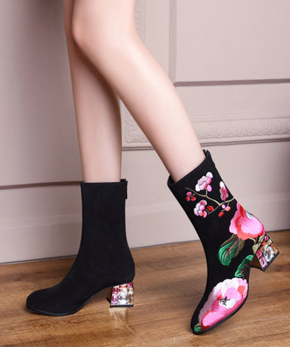 Retro Black Suede Chunky Boho Embroidery Boots CZ1022