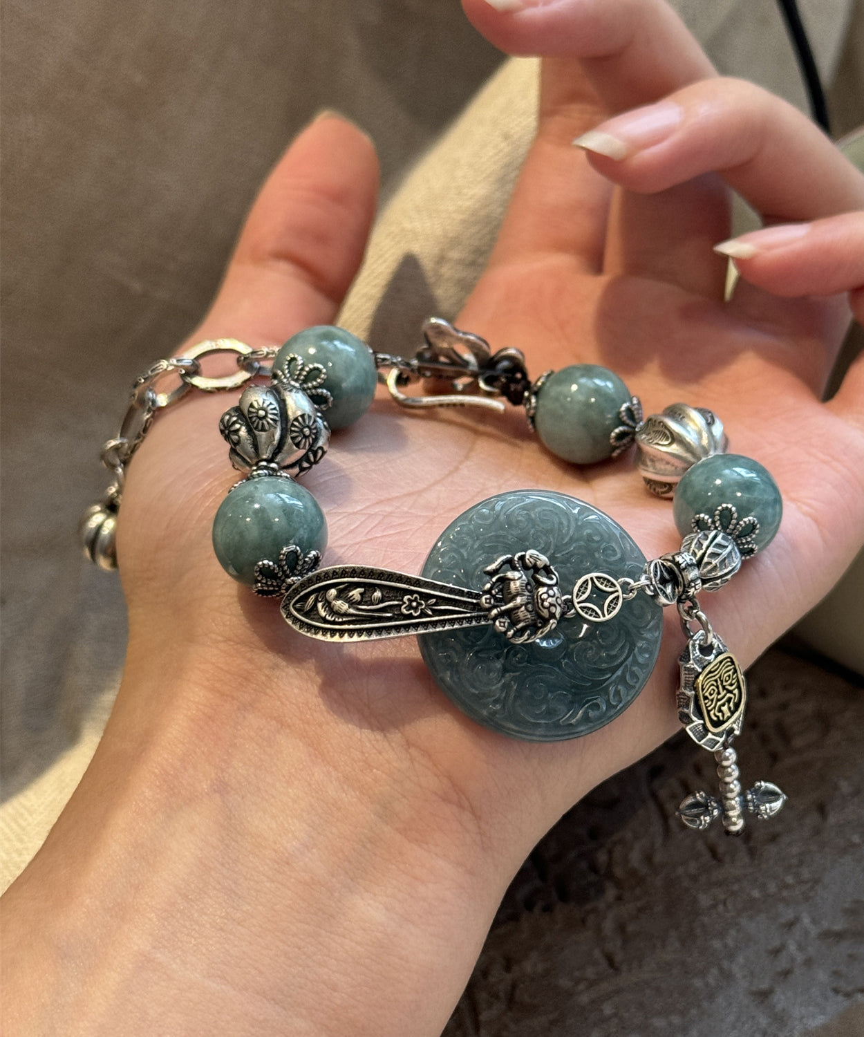 Sterling Charm Silver Butterfly Blackish Retro Green Jade