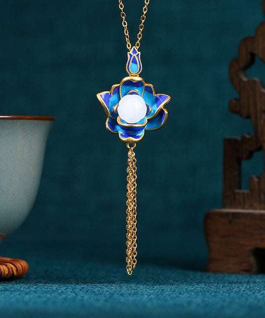 Retro Blue Ancient Gold Jade Lotus Flower Tassel Pendant Necklace KX1071
