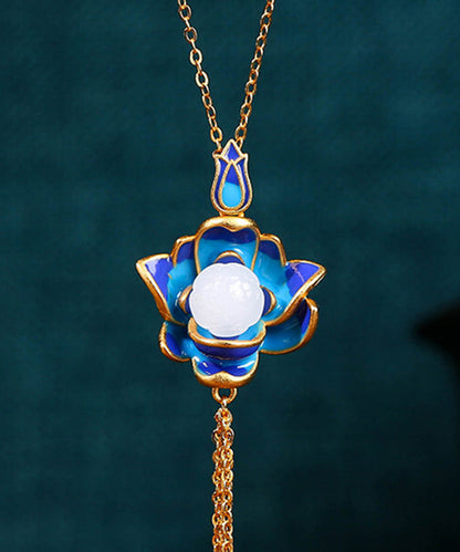 Retro Blue Ancient Gold Jade Lotus Flower Tassel Pendant Necklace KX1071