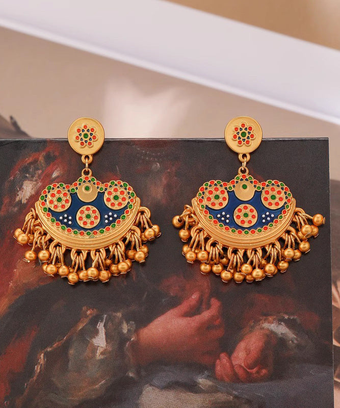 Retro Blue Antique Gold Enamel Tassel Drop Earrings QJ035