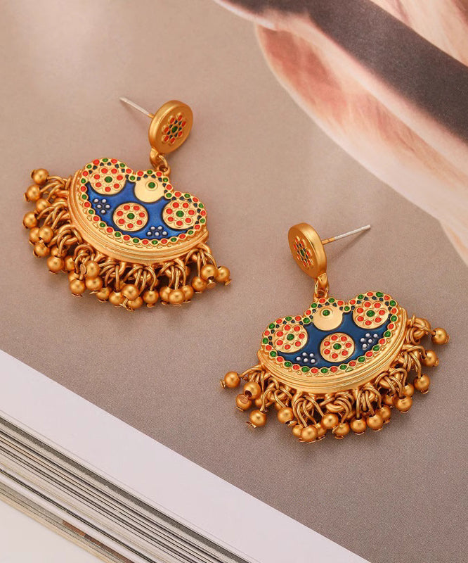 Retro Blue Antique Gold Enamel Tassel Drop Earrings QJ035